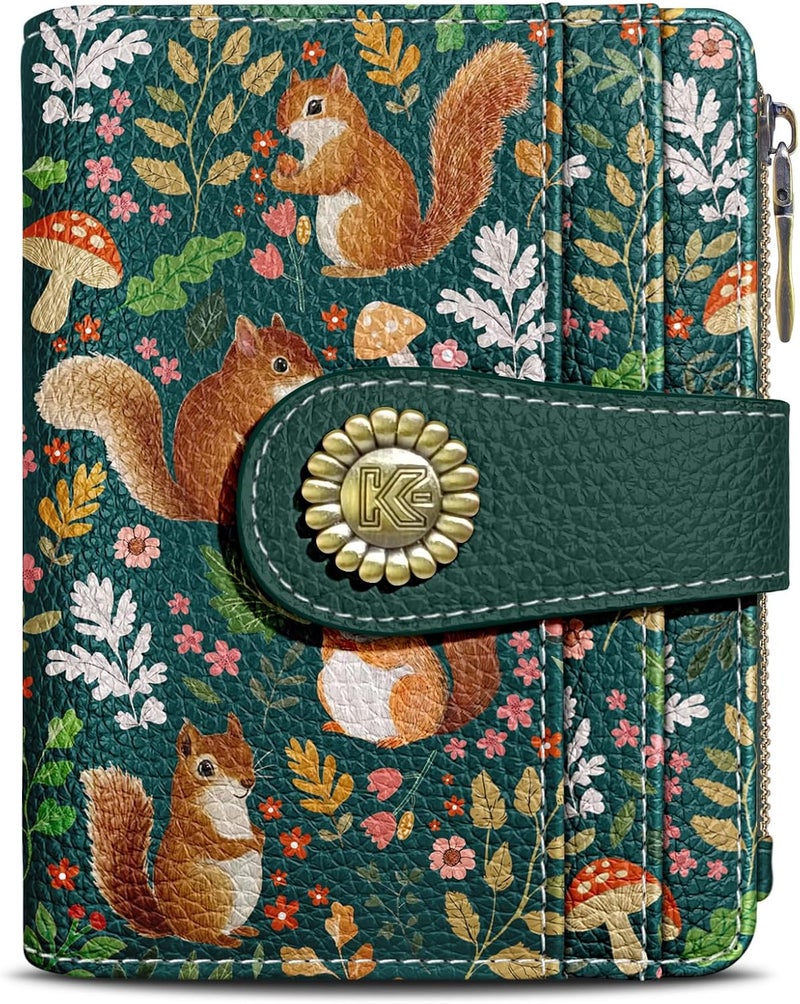 Kelvoris Cute Squirrels Small Rfid Women Wallet Bifold Zipper Coin Pocket PU Leather Compact Cash Credit Card Holder Travel Wallet for Female Ladies Teen Girls 1 ID Window 10 Card Slots - Image 1